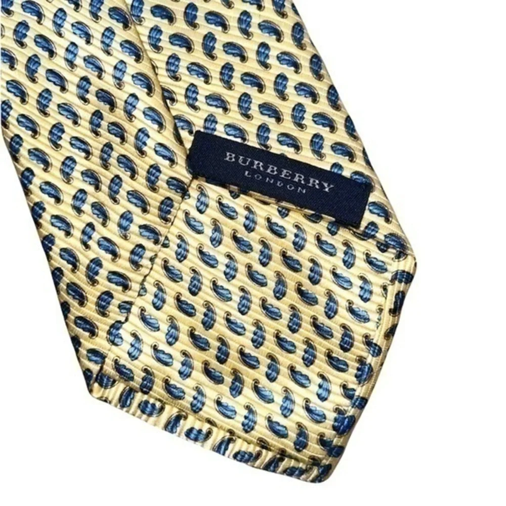Burberry London Classic Yellow‎ & Navy Blue Print 100% Silk Neck Tie
